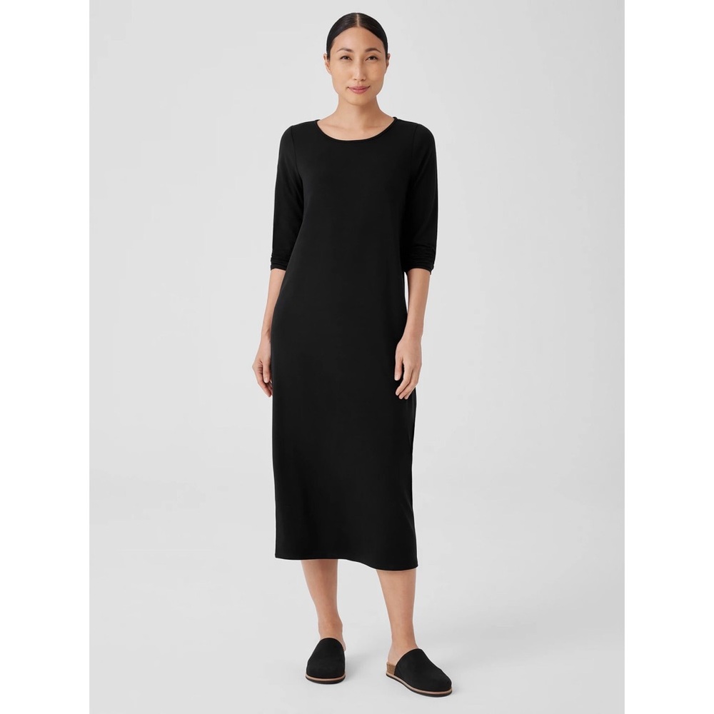 Eileen Fisher Black Half Sleeve High Side Slit Classic Casual Crew Neck Dress